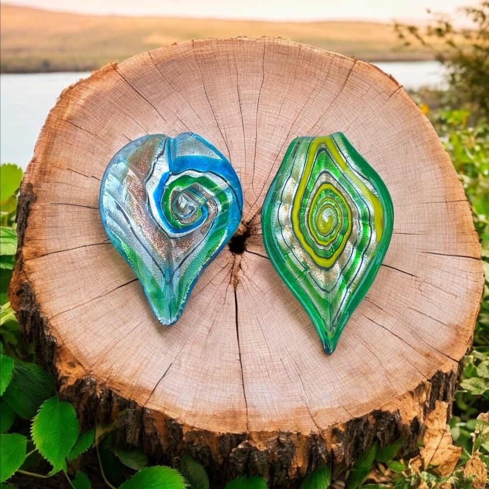 Artisan Hand-Blown Murano Style Glass Leaf Pendants - Set of 2